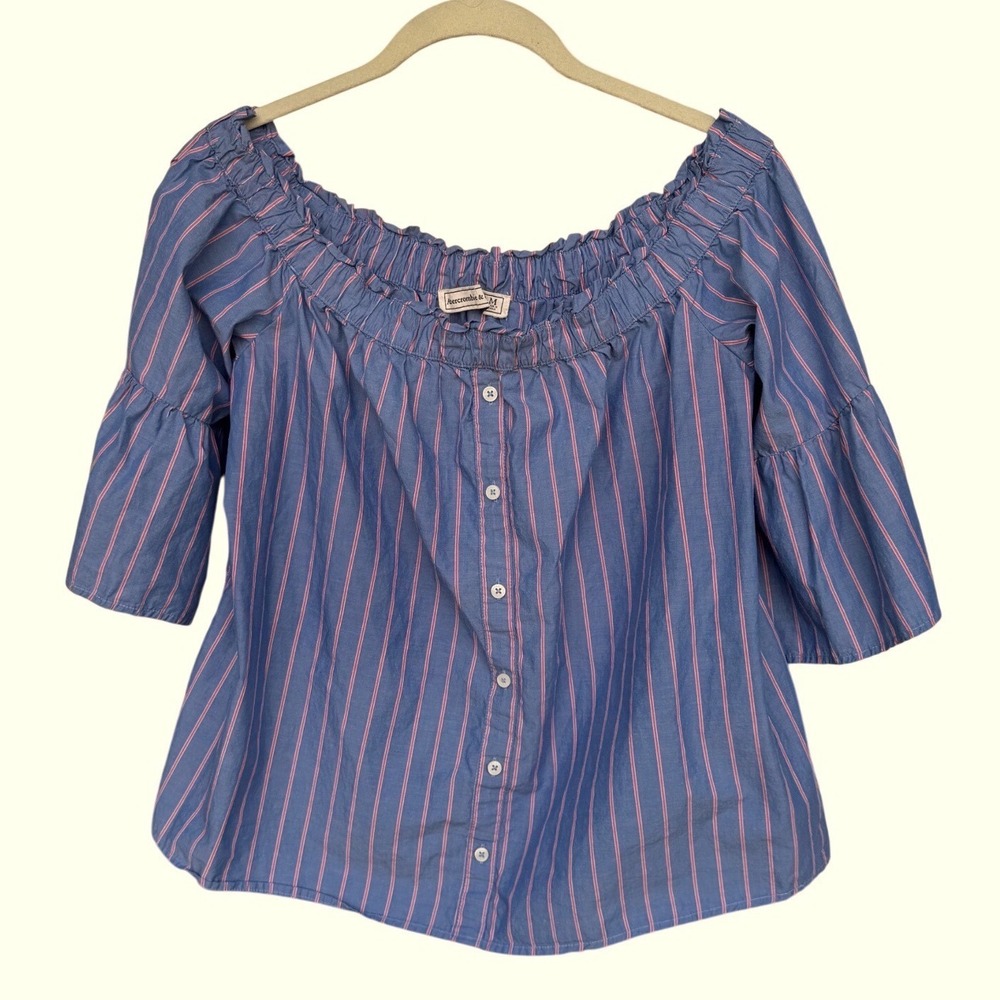 Abercrombie & Fitch Blue Red Striped Off Shoulder Bell Sleeve Button Top Medium